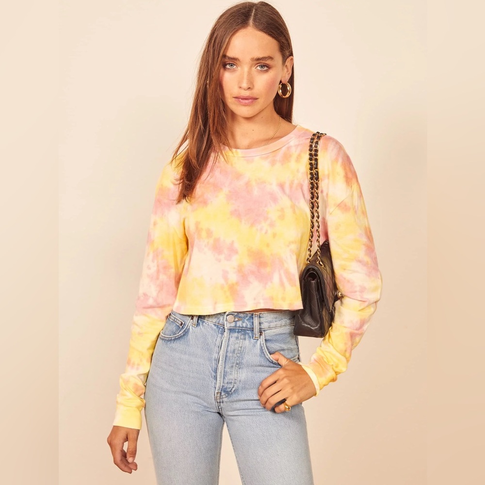 REFORMATION Jaxon Long Sleeve Tee Pink Yellow Tie Dye